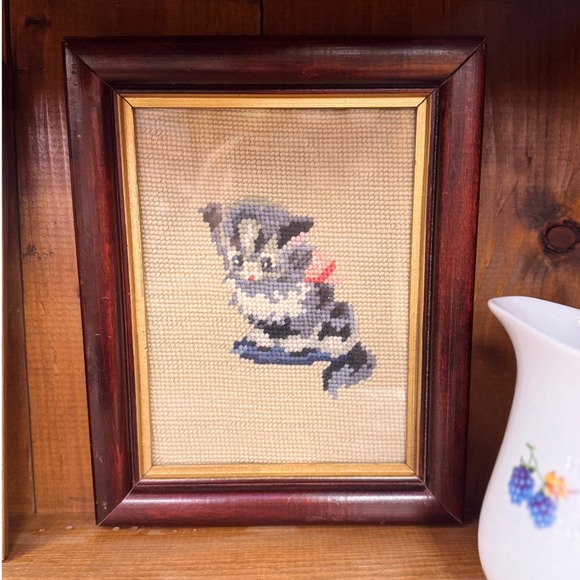Handmade Other - Vintage Framed Needlepoint Art Grey Kitten with Pink Bow Wood Gold Frame